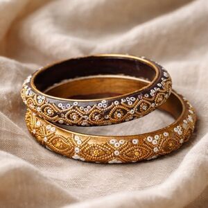 Hand Beaded Wood Bangles Gold White Seed Bead Boho Luxe Artisan Global Artisan